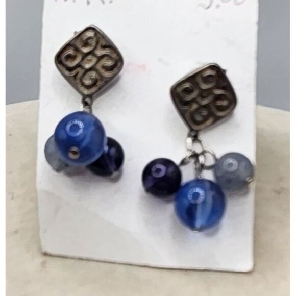 Floret Silver Tone Medallion Blue Bead Charm Dangle Drop Earrings - Picture 3 of 3